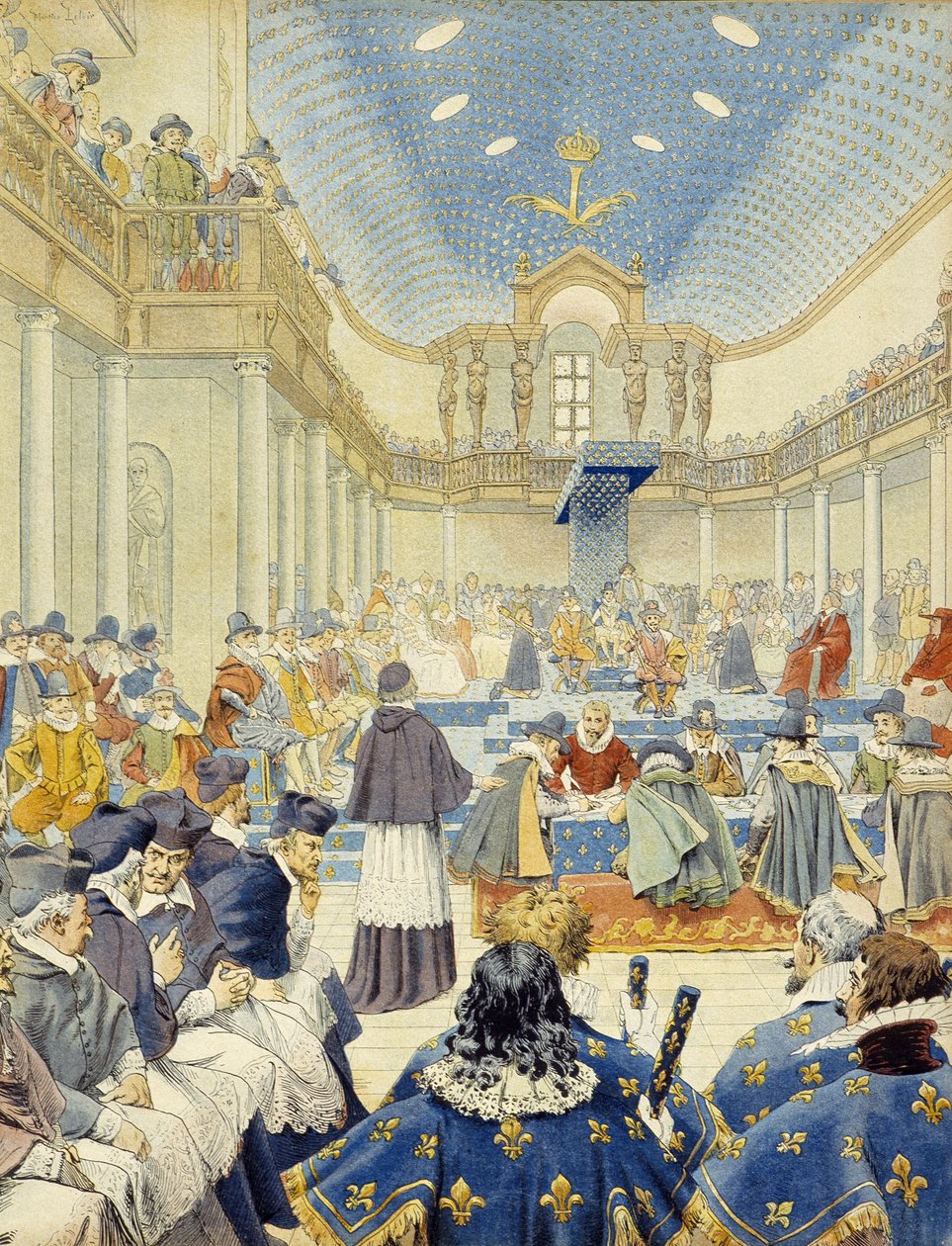Richelieu proferiu o discurso, em nome do escrivão, na reunião de encerramento dos Estados Gerais de 1614 - em "Richelieu" de Maurice Leloir. de Maurice Leloir