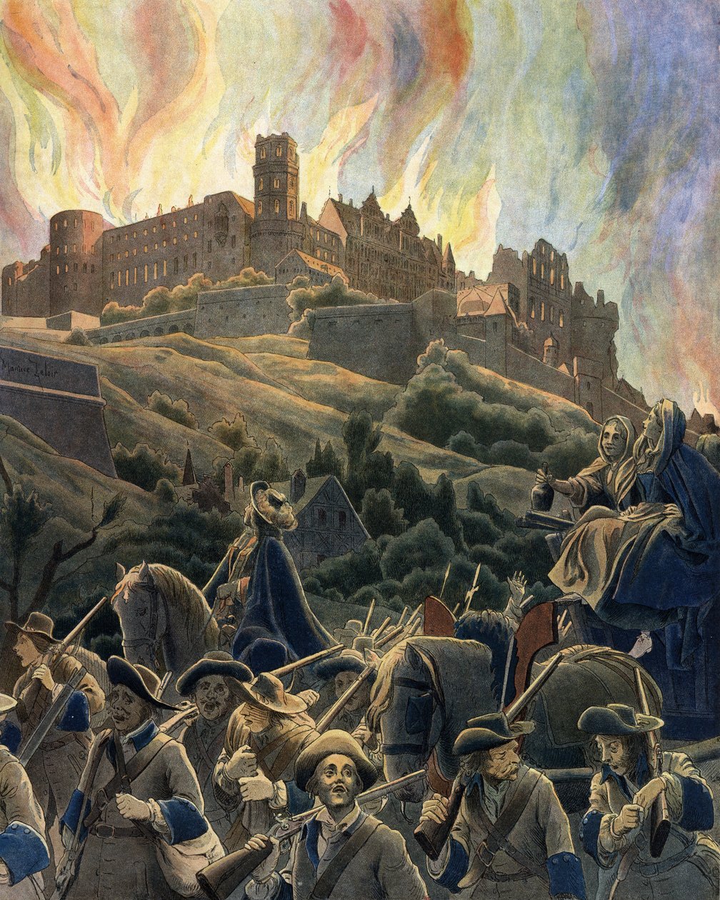 O incêndio do castelo de Heidelberg bombardeado pelas forças francesas do General Ezechiel du Mas, Conde de Melac (1630-1704) durante a Guerra da Liga de Augsburgo, em 1689 e 1693. Cromotypografia em "Le Roy Soleil" (Luís XIV) de Gustave Toutwelve, Illu de Maurice Leloir