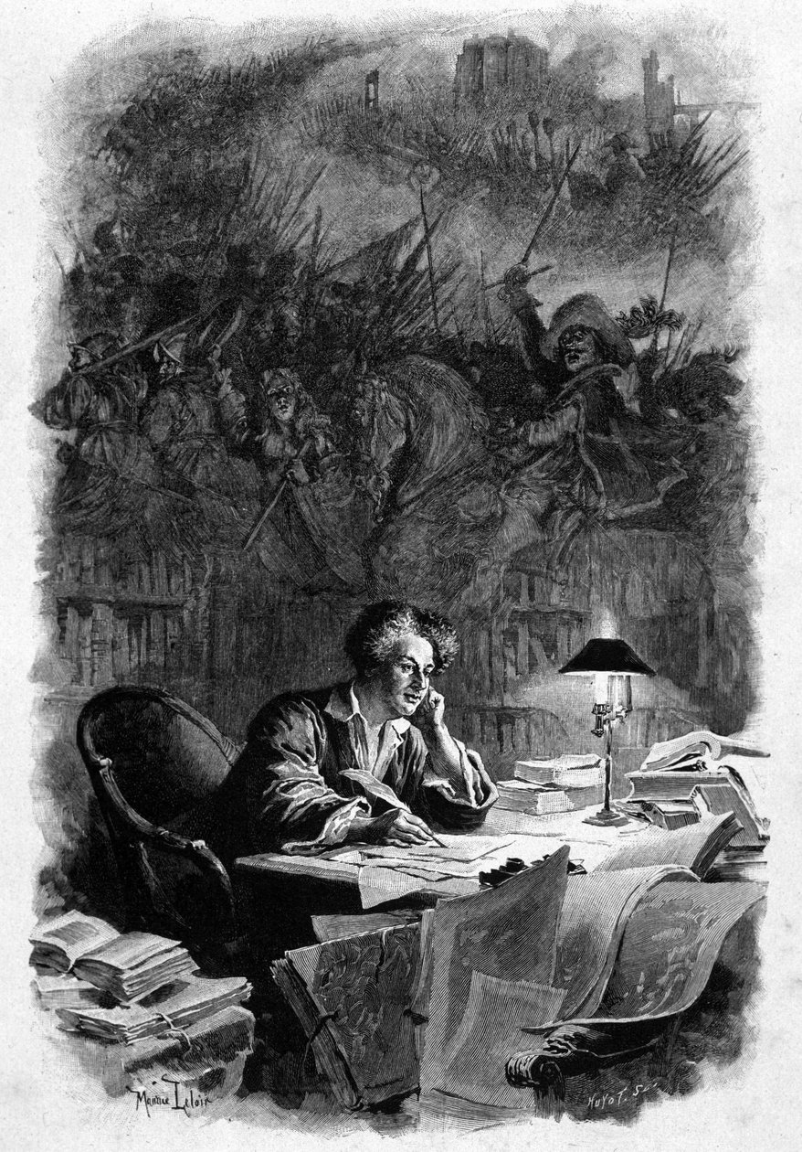 O escritor francês Alexandre Dumas (1802-1870) teve seu escritório escrevendo "Os Três Mosqueteiros" no início da década de 1840. Ilustração de Maurice Leloir (1851-1940). Direitos reservados de Maurice Leloir
