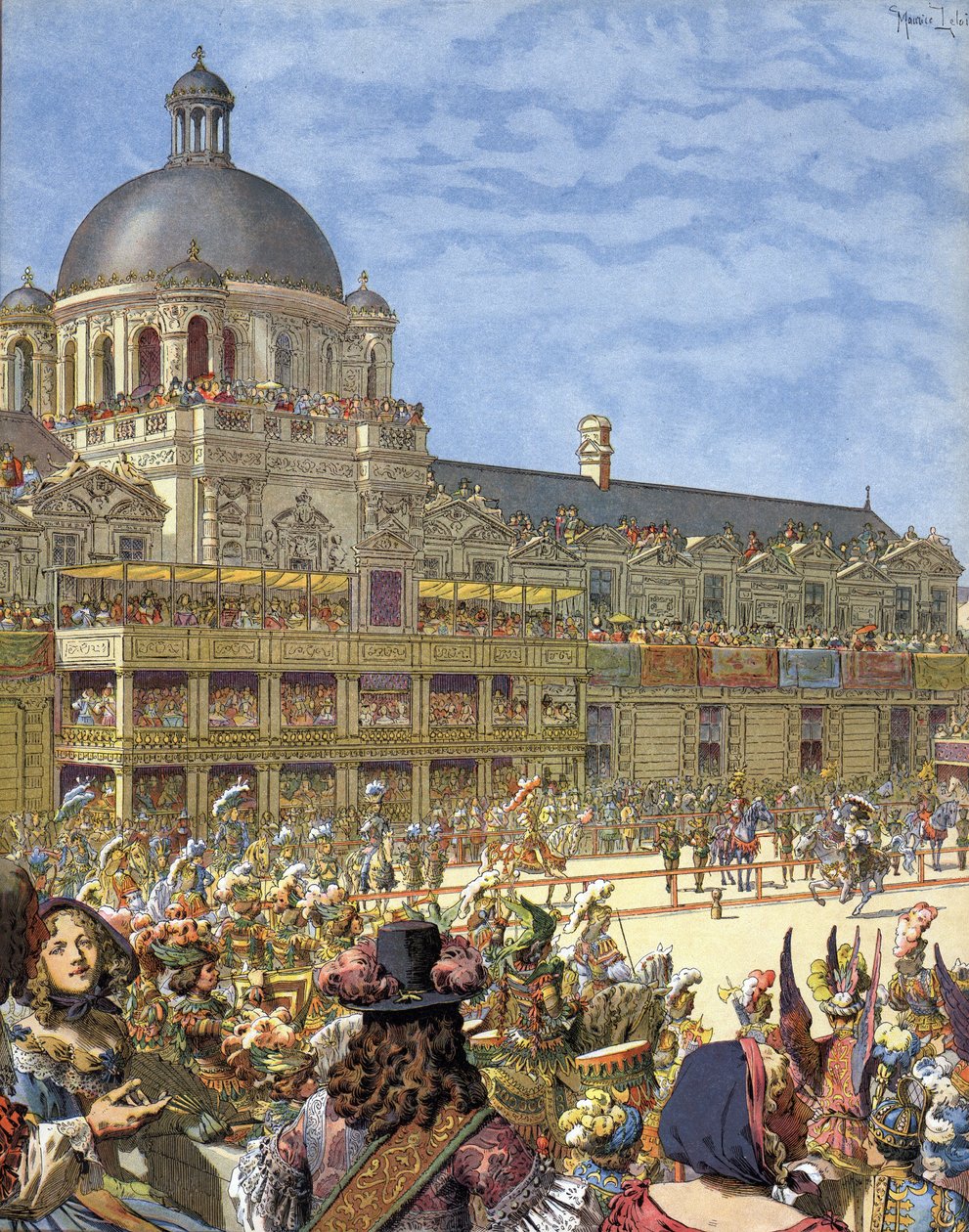 O Carrossel Real (torneio de cavaleiros), dado em 1662, em frente ao Palais des Tuileries em Paris sob o comando de Luís XIV conhecido como Le Roi-Soleil (Rei Soleil ou Luís o Grande de Maurice Leloir