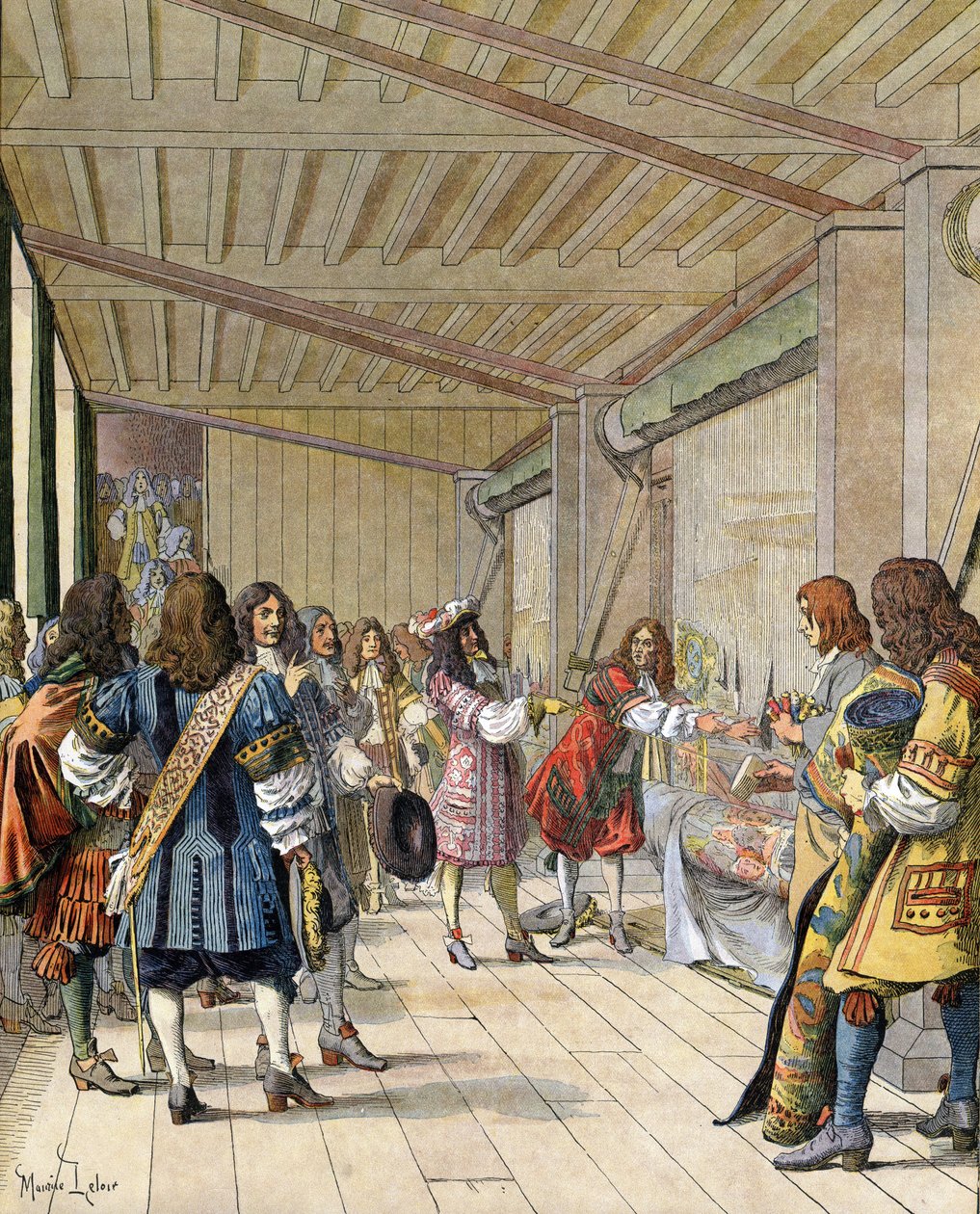 O pintor Charles Lebrun (Le Brun) (1619-1690), diretor da fabricação, explicou a Luís XIV, conhecido como Le Roi-Soleil (Rei Soleil ou Luís o Grande de Maurice Leloir