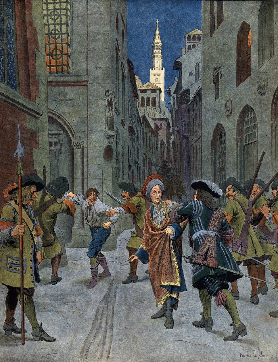 Guerra da Sucessão Espanhola: A Captura dos François de Neufville de Villeroy (1644-1730) durante a captura de Cremone (Cremona) pelas tropas do Príncipe Eugene (Eugene François de Savoie (1663-1736), em 1702. Cromotypografia em "Le Roy Soleil" ( de Maurice Leloir