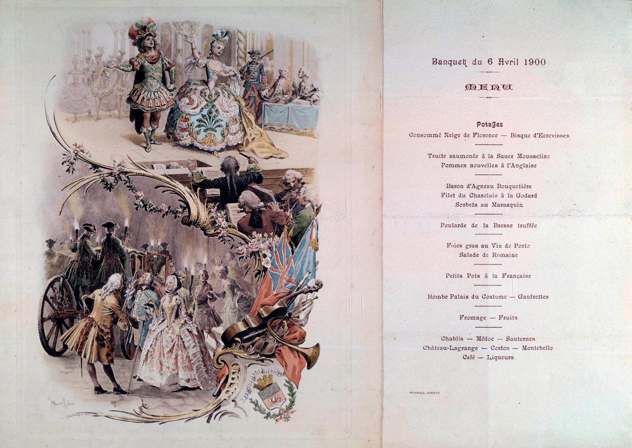Menu de casamento com ilustração de Maurice Leloir (1851-1940) de bailes em trajes e cenas de galantes, 6/04/1900 de Maurice Leloir