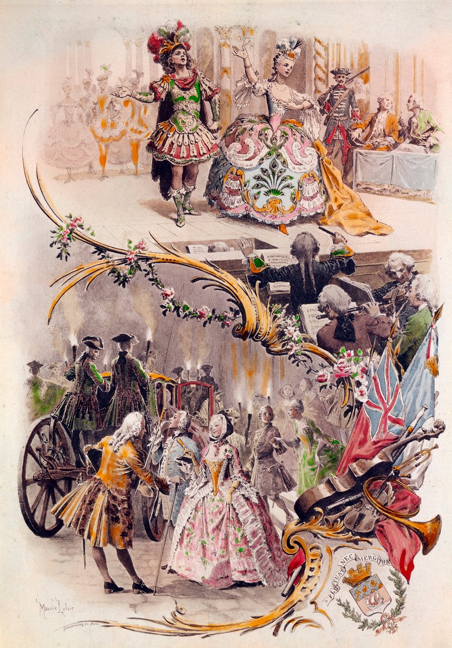 Menu de casamento com ilustração de Maurice Leloir (1851-1940) de bailes em trajes e cenas de galantes, 6/04/1900 de Maurice Leloir