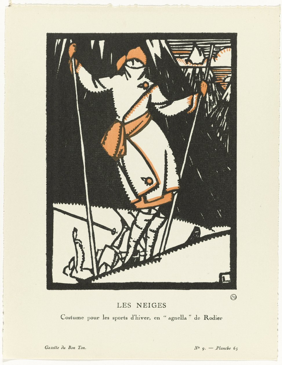 Gazette du Bon Ton, 1920 - No. 9, Pl. 65: Les Neiges / Traje para esportes de inverno, enagnella de Rodier de Maurice Leroy