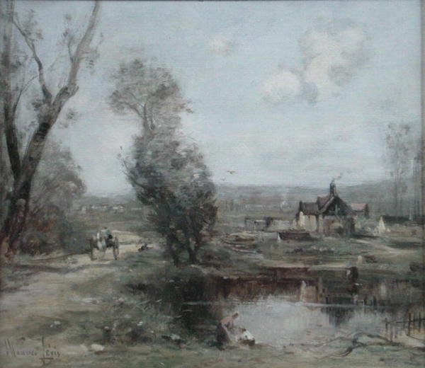 Um trilho junto a um rio no norte da França (óleo sobre painel) de Maurice Levis