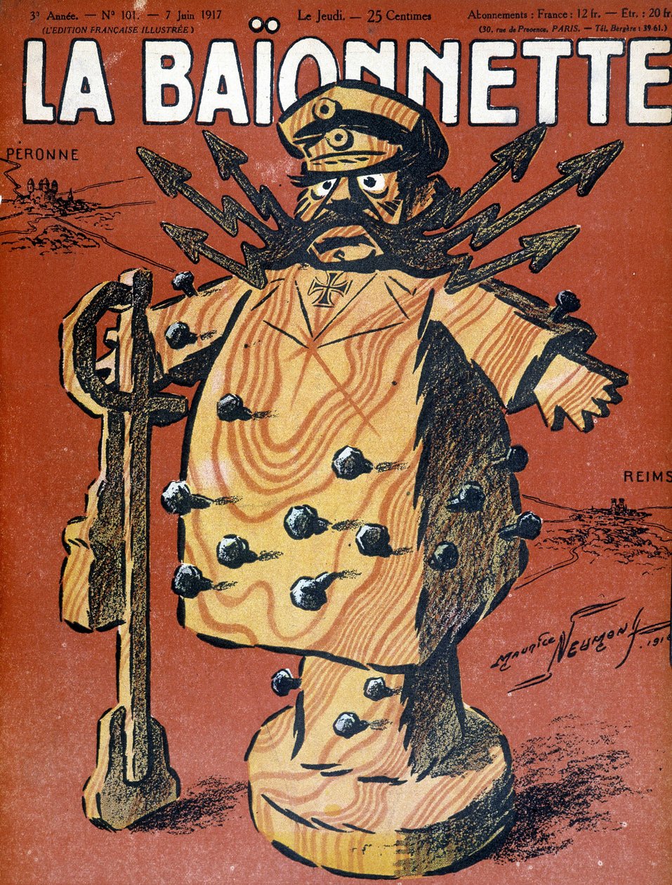 Cartoon de Hindenburg (1847 - 1934), marechal alemão e estadista. Ilustração da capa do jornal "La Baionnette", de junho de 1917. de Maurice Louis Henri Neumont