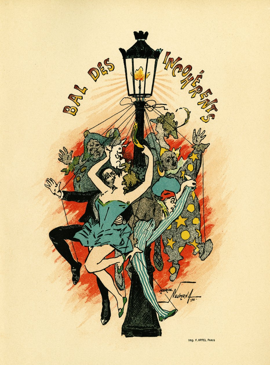 Poster pour le bal des incoherents, bal organizado entre 1885 e 1896 em Paris como parte do movimento artístico lançado por Jules Levy em 1882, les arts incoherents, Illustration en lithographie de Maurice Neumont (1868-1930), in Les Programs illustres de Maurice Louis Henri Neumont
