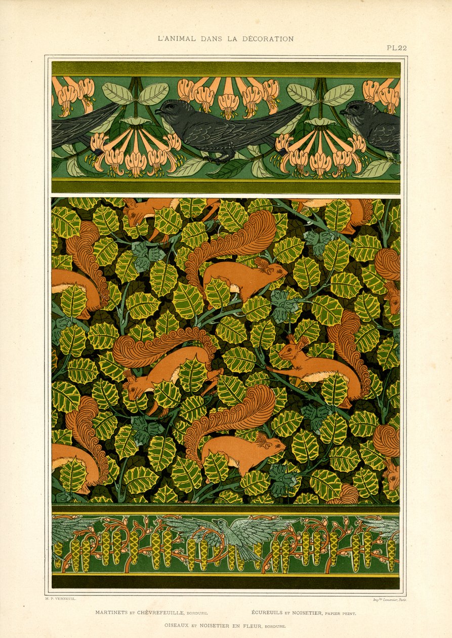 Ornamentação Art Nouveau com pássaros, esquilos e elementos florais (litografia) de Maurice Pillard Verneuil