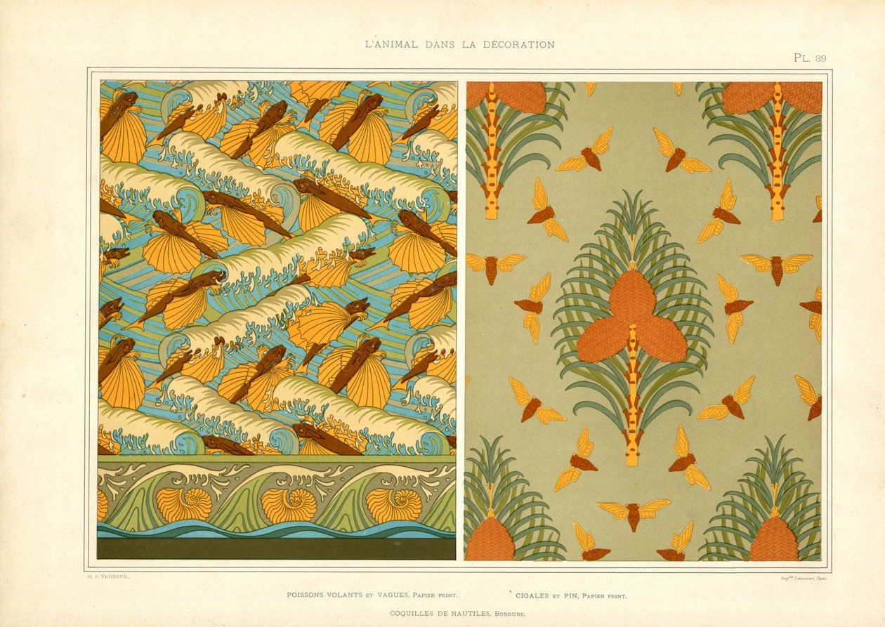 Padrões de papel de parede Art Nouveau com insectos e animais marinhos ...