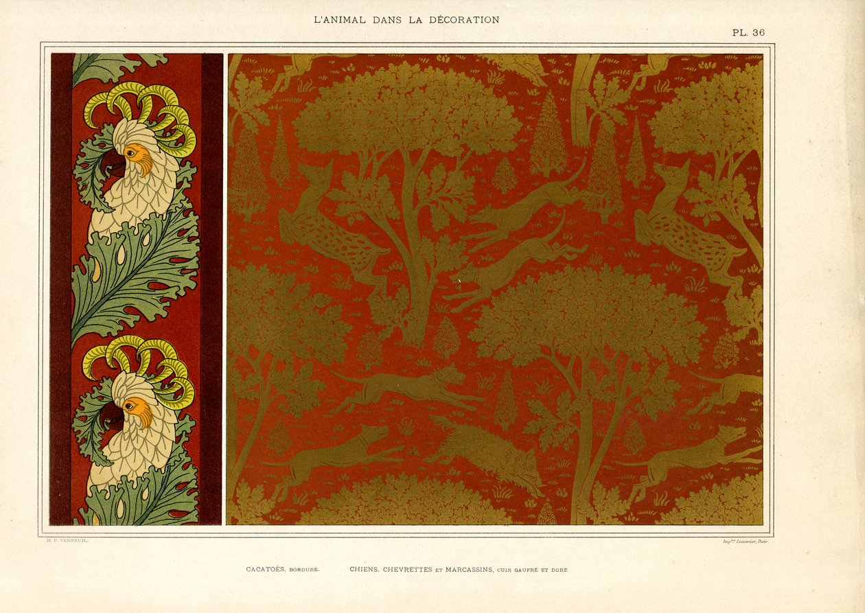 Padrão de bordadura de catatua e sombra de cão (litografia) de Maurice Pillard Verneuil