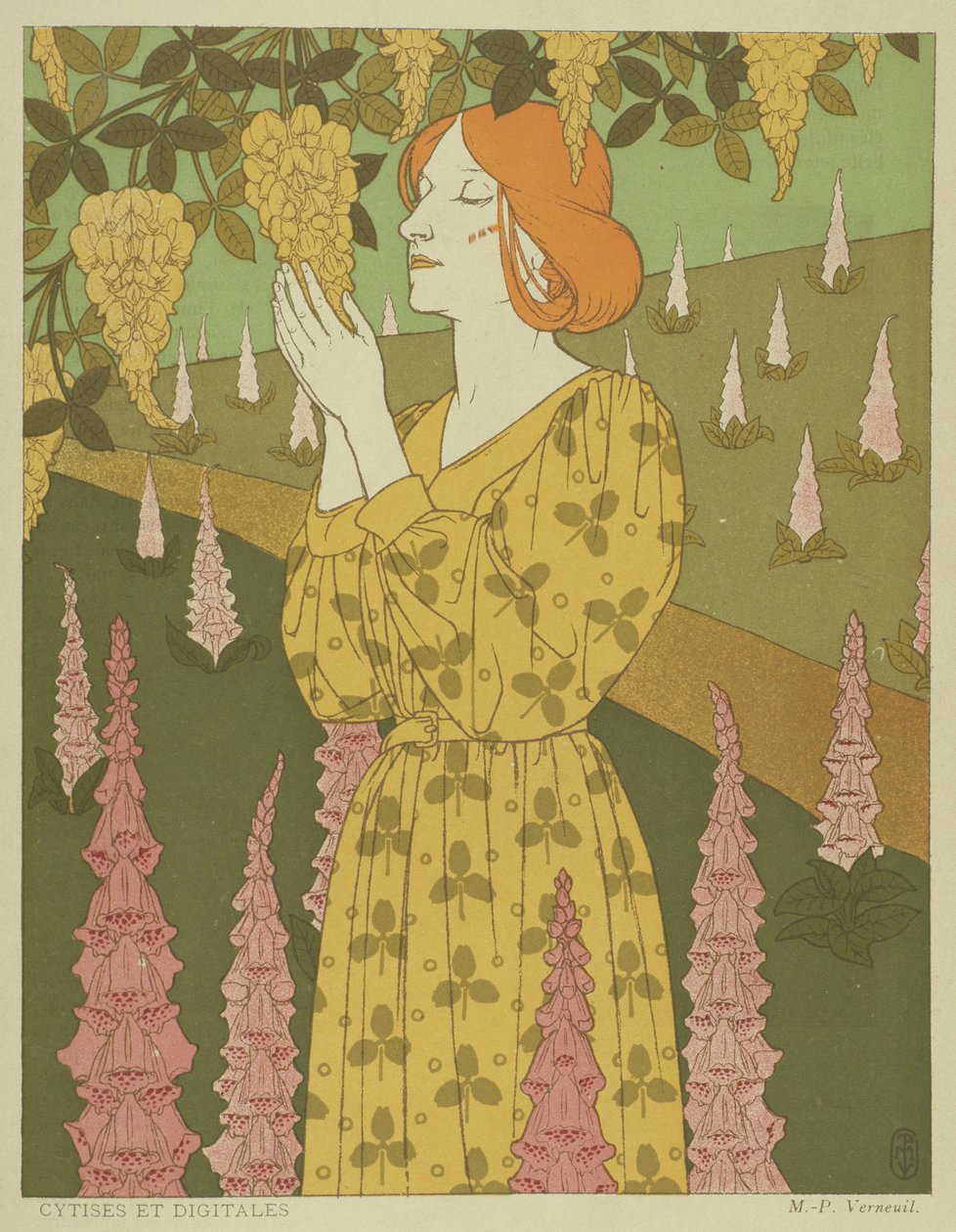Cytises and Digitales - Mulher com Glicínias e Dedaleiras (lito a cores) de Maurice Pillard Verneuil