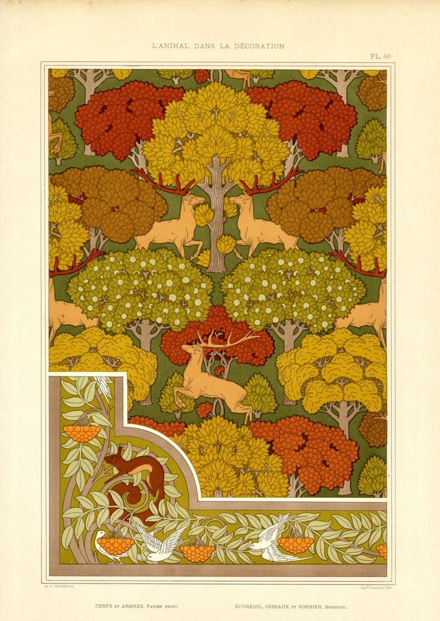 Padrão decorativo de floresta com veados e árvores (litografia) de Maurice Pillard Verneuil