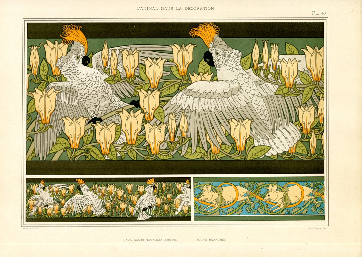 Frisos decorativos com cacatuas, magnólias e ratos (litografia) de Maurice Pillard Verneuil