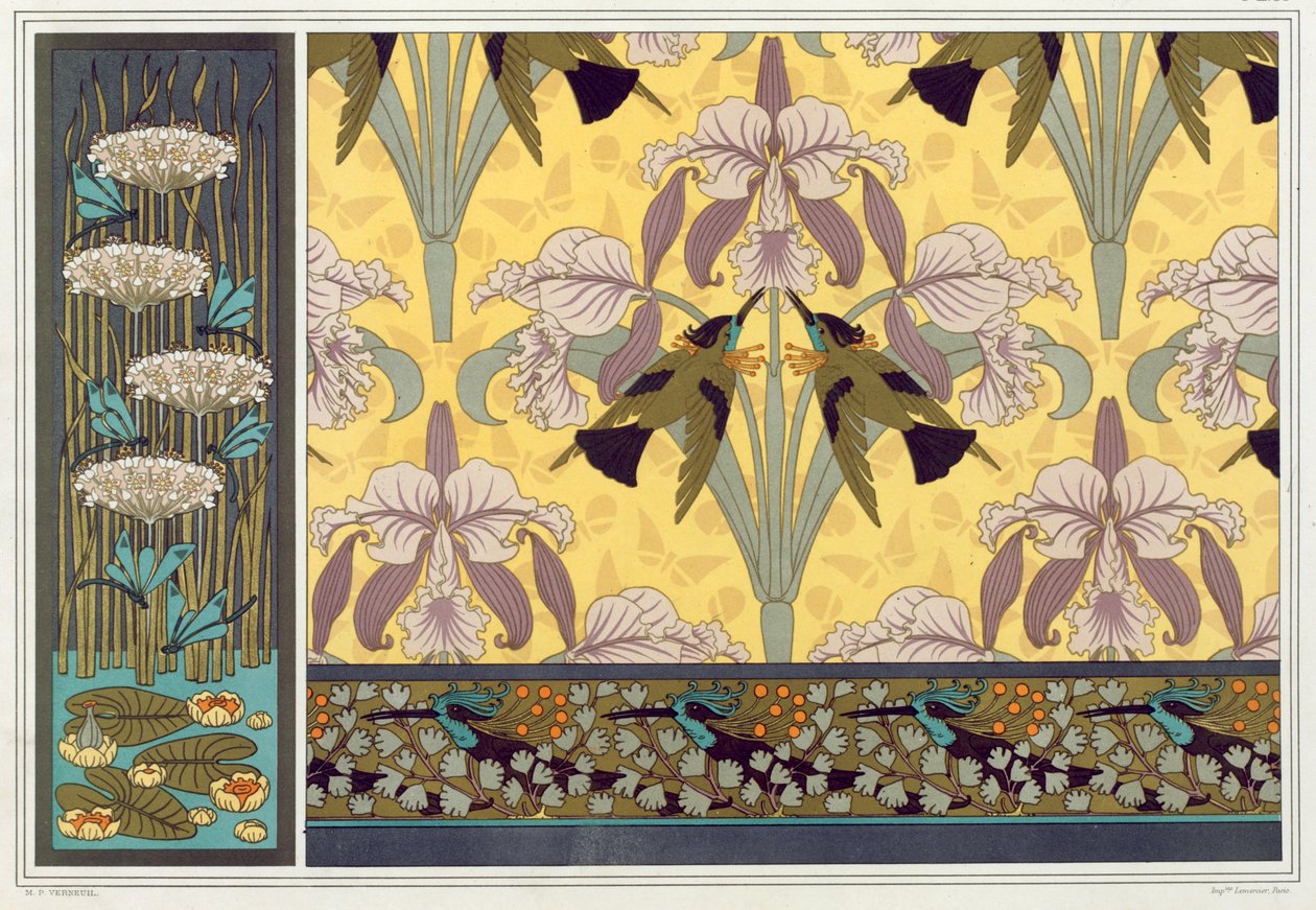 Desenho para borda de papel de parede, tecido e painel: "Libélulas; Libélulas de água e floração", "Aves Cantarolantes e Orquídeas" e "Aves Cantarolantes e Samambaia" de 
