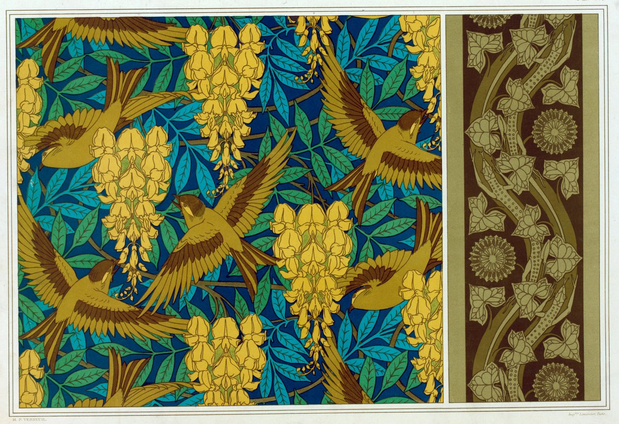 Desenhos para pássaros e glicínias Pendurado e fronteira de papel de parede com lagartos e hera, pub. 1897. de Maurice Pillard Verneuil