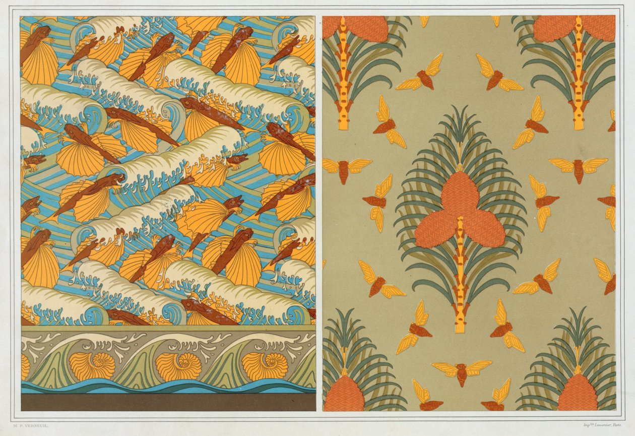 Projetos para papel de parede Flying Fish and Waves, pub. 1897. de Maurice Pillard Verneuil