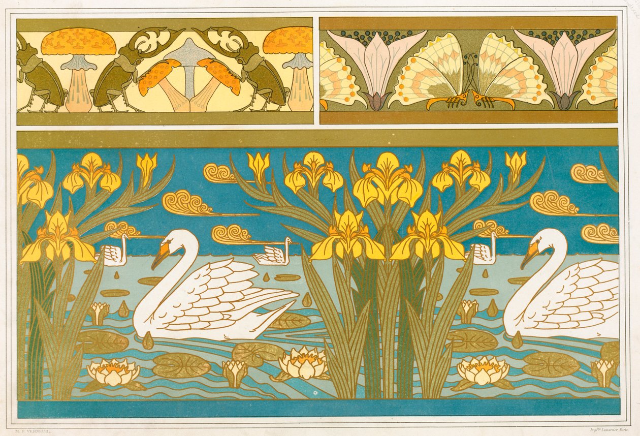 Projetos para fronteira de papel de parede com Besouros e Cogumelos, pub. 1897. de Maurice Pillard Verneuil