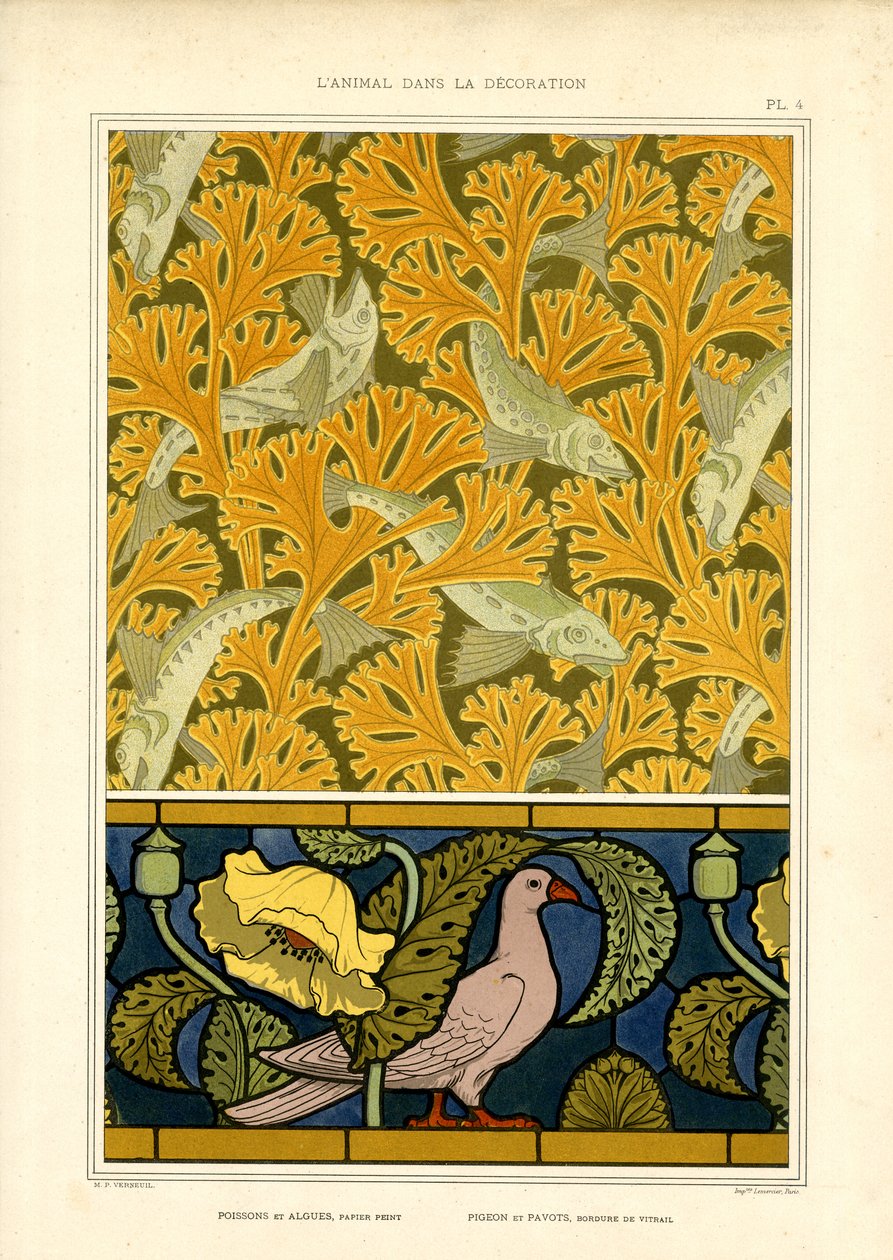 Motivos de peixes e pombas na condensação da natureza ornamental (litografia) de Maurice Pillard Verneuil