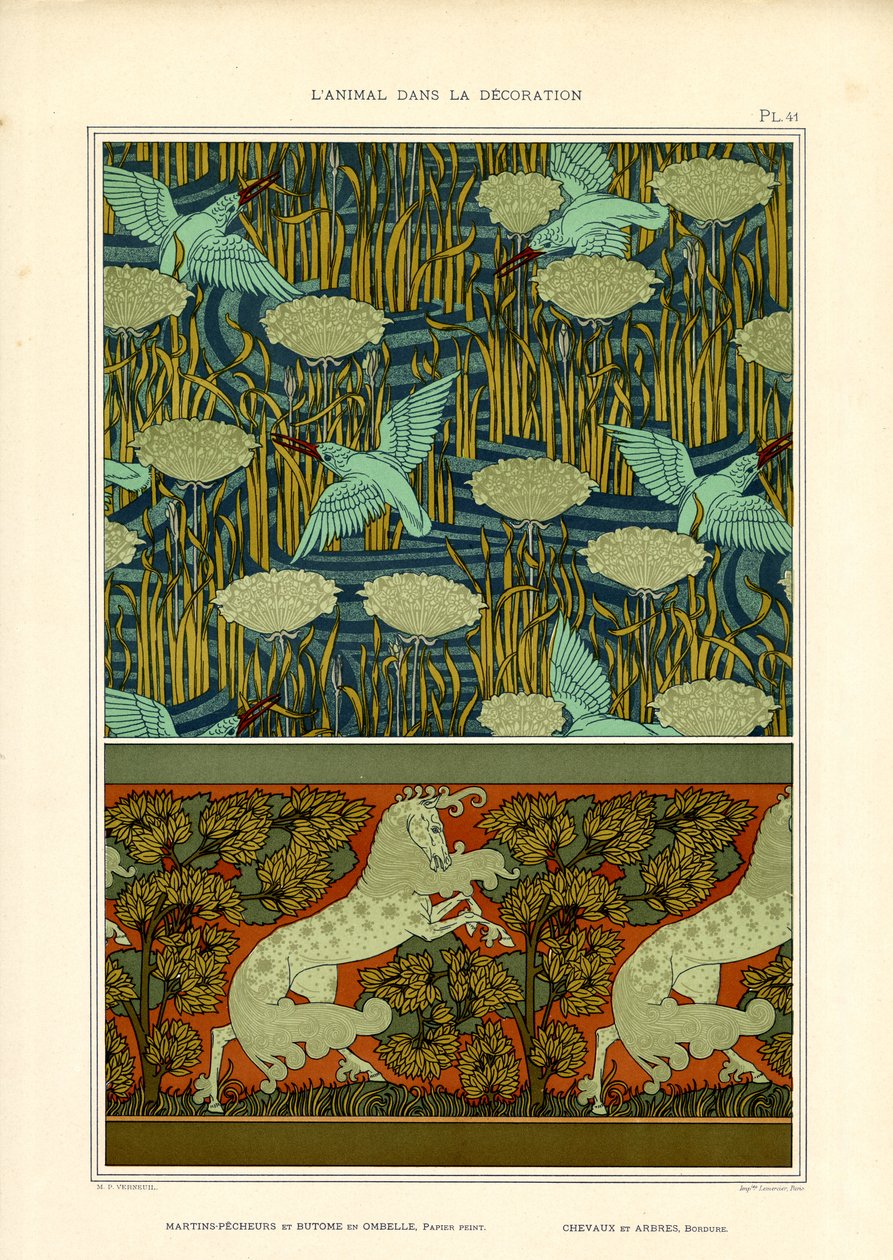 Guarda-rios e nenúfares com friso de cavalos (litografia) de Maurice Pillard Verneuil