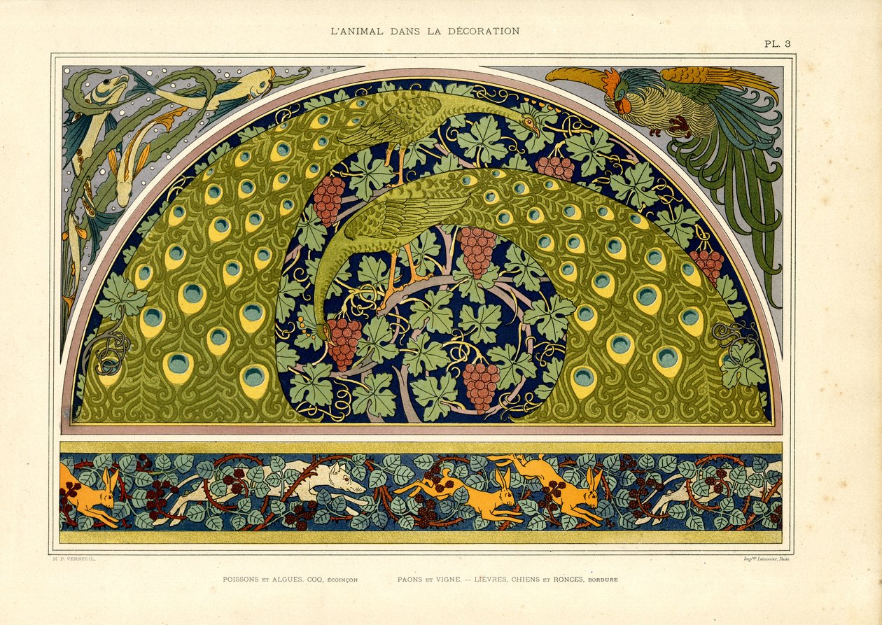 Motivos de pavão e lebre como composição decorativa Arte Nova (litografia) de Maurice Pillard Verneuil
