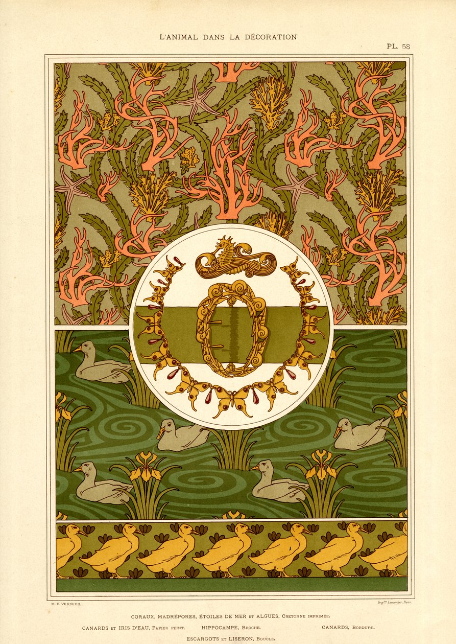 Aves aquáticas e motivos marítimos na Arte Nova (litografia) de Maurice Pillard Verneuil