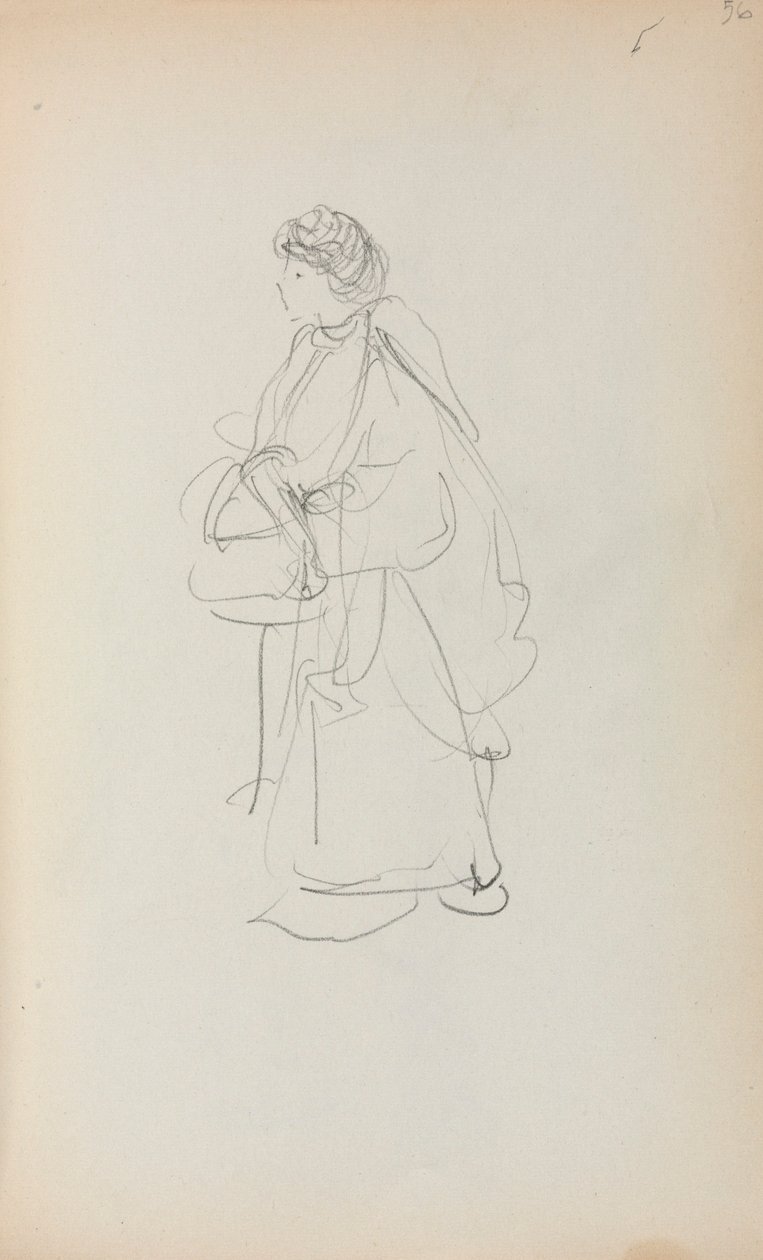 Caderno de esboços italiano: Mulher de pé segurando uma mochila (página 56) de Maurice Prendergast