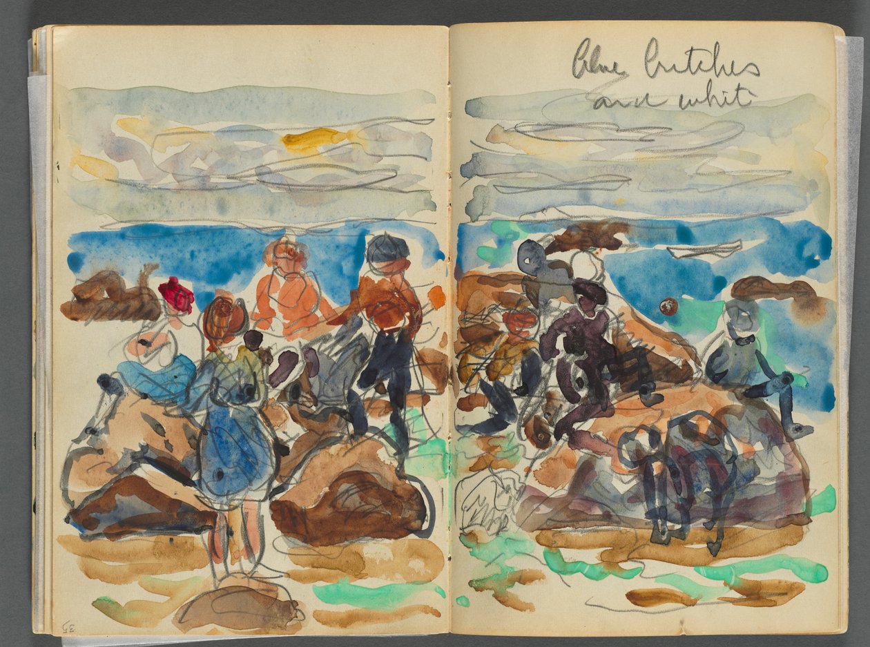 Sketchbook- The Granite Shore Hotel, Rockport, página 034  35: Crianças numa praia de Maurice Prendergast