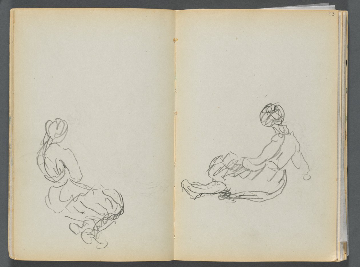 Sketchbook- The Granite Shore Hotel, Rockport, páginas 042 e 43: Duas figuras femininas sentadas de Maurice Prendergast