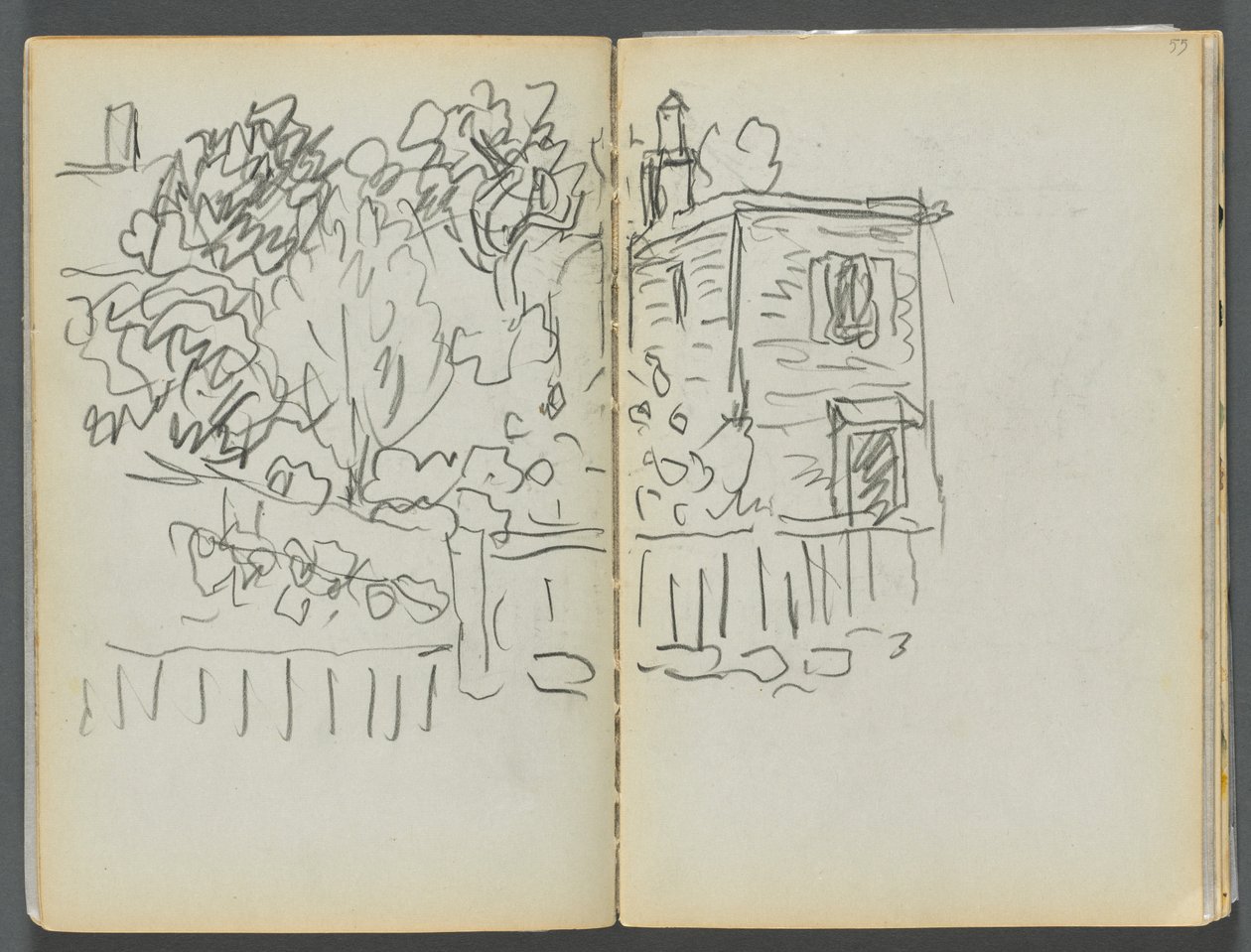 Sketchbook- The Granite Shore Hotel, Rockport, páginas 054 e 55: Casa e jardim vedado de Maurice Prendergast