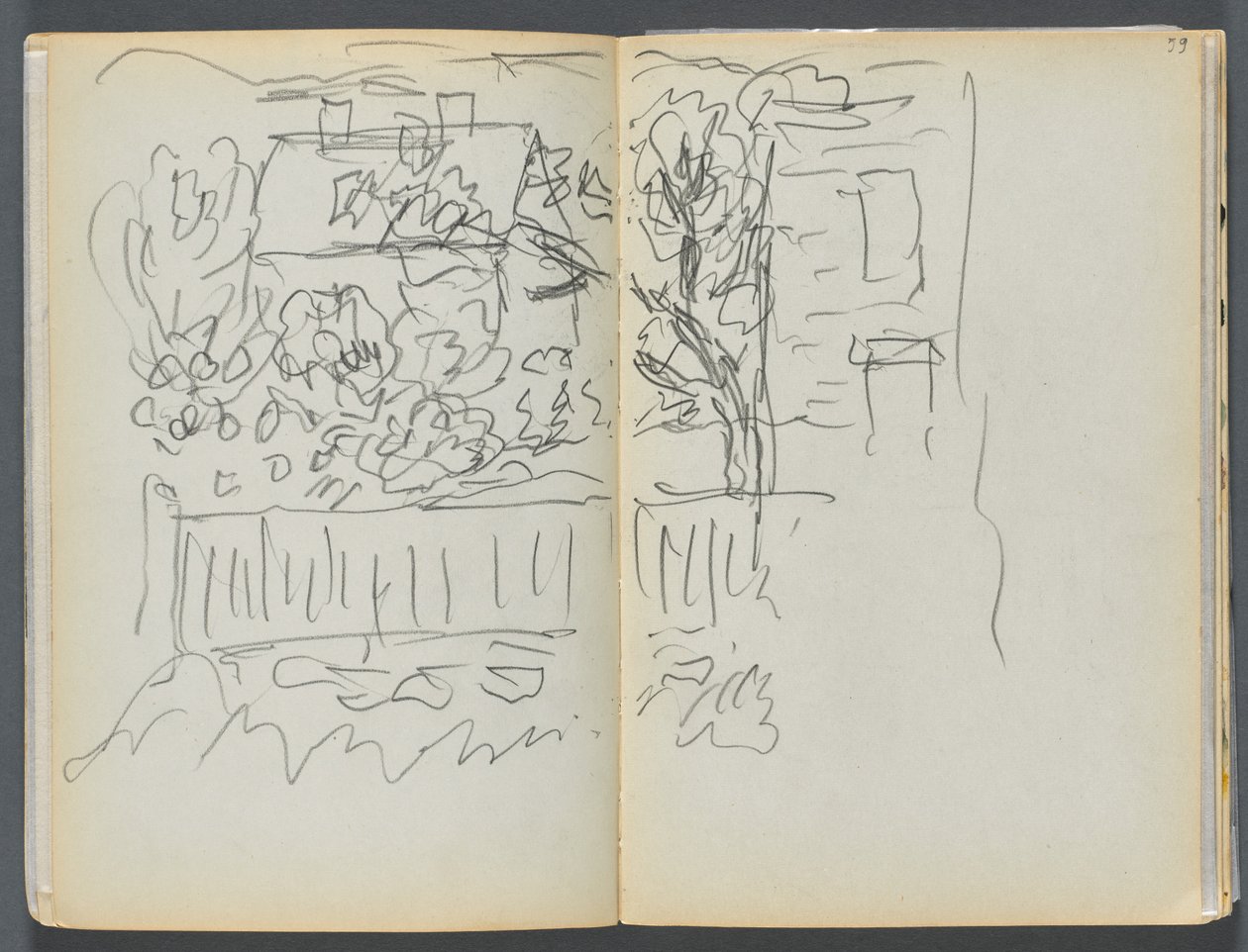 Sketchbook- The Granite Shore Hotel, Rockport, páginas 058 e 59: Casa e jardim cercado de Maurice Prendergast