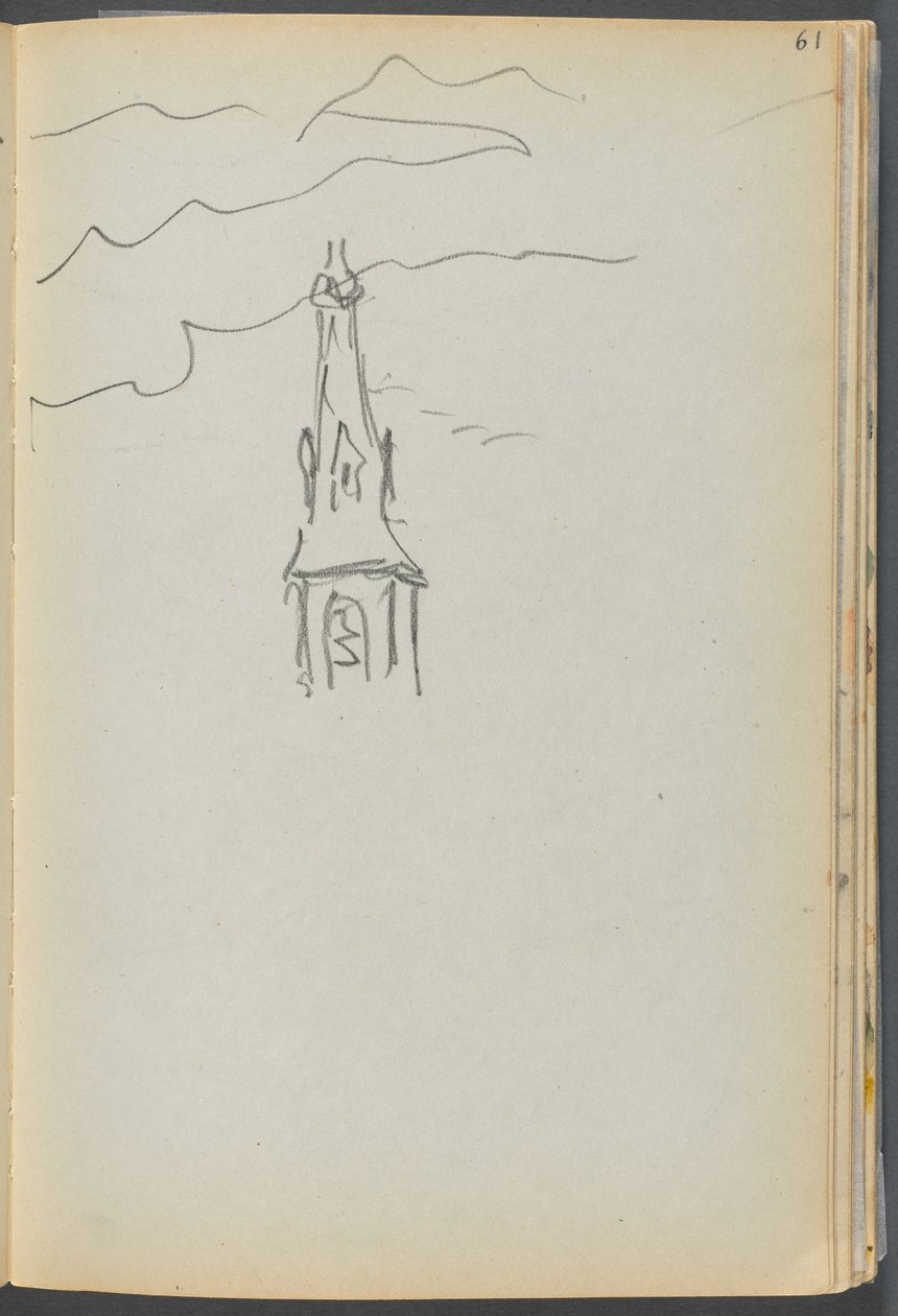 Sketchbook- The Granite Shore Hotel, Rockport, página 061: Pináculo da Igreja com o Céu de Maurice Prendergast