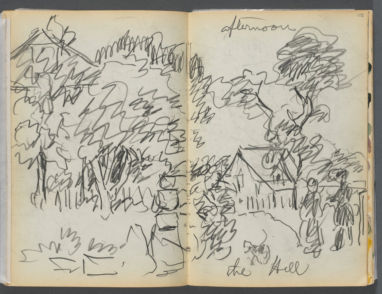 Sketchbook- The Granite Shore Hotel, Rockport, página 104-105: "Tarde, a colina" de Maurice Prendergast