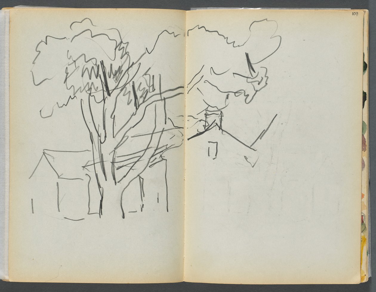 Sketchbook- The Granite Shore Hotel, Rockport, páginas 106 e 107: Árvore com casas de Maurice Prendergast