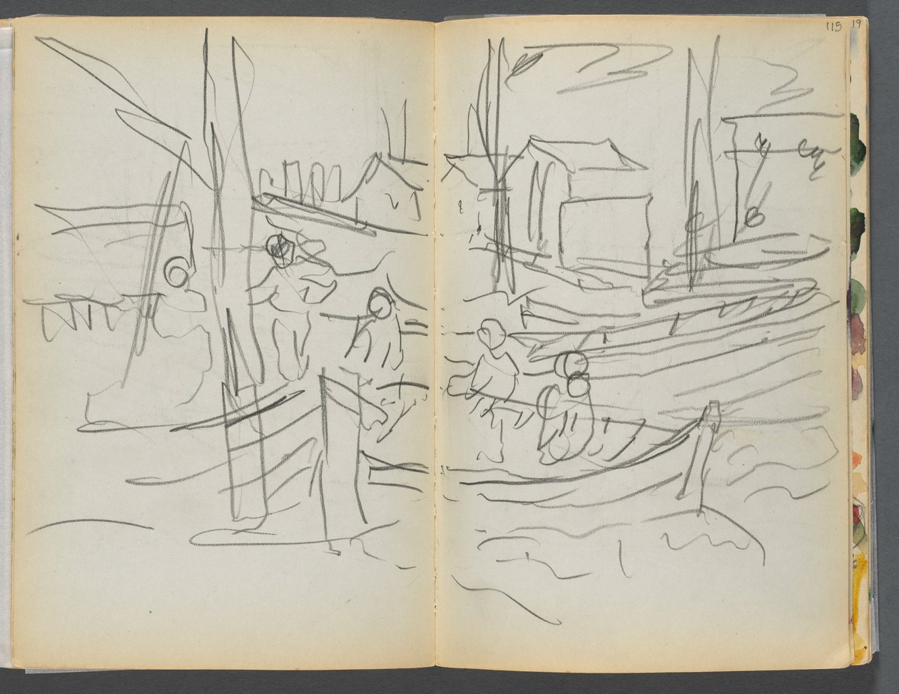 Livro de esboços - The Granite Shore Hotel, Rockport, páginas 114 e 115: Figuras num barco à vela de Maurice Prendergast