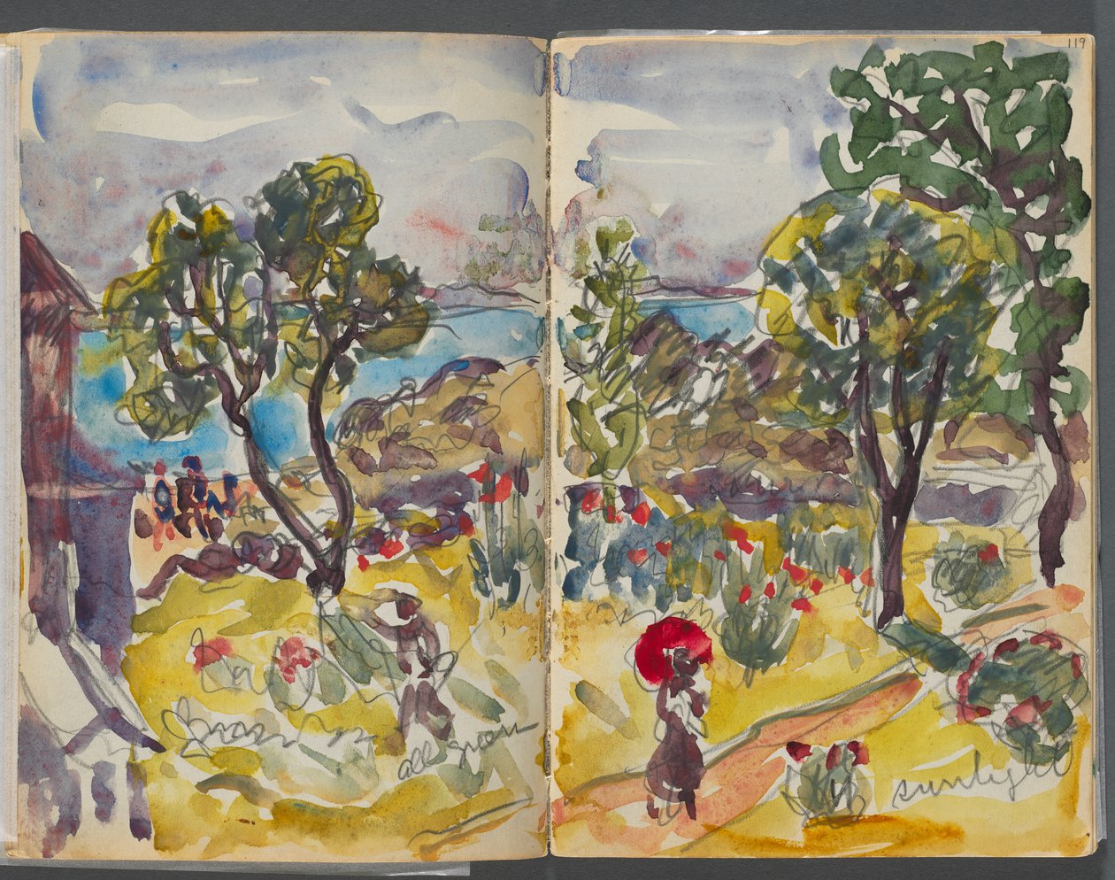 Caderno de esboços - The Granite Shore Hotel, Rockport, páginas 118 e 119: vista do jardim com anotações de Maurice Prendergast
