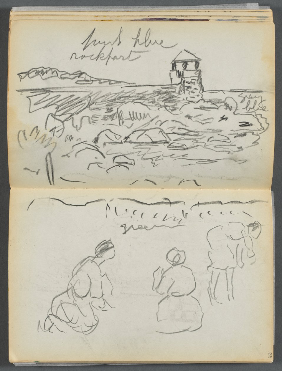 Sketchbook- The Granite Shore Hotel, Rockport, páginas 124 e 125: Farol de Rockport e figuras na costa de Maurice Prendergast