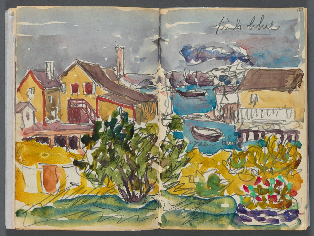 Sketchbook- The Granite Shore Hotel, Rockport, páginas 128 e 129: Casas no porto de Maurice Prendergast