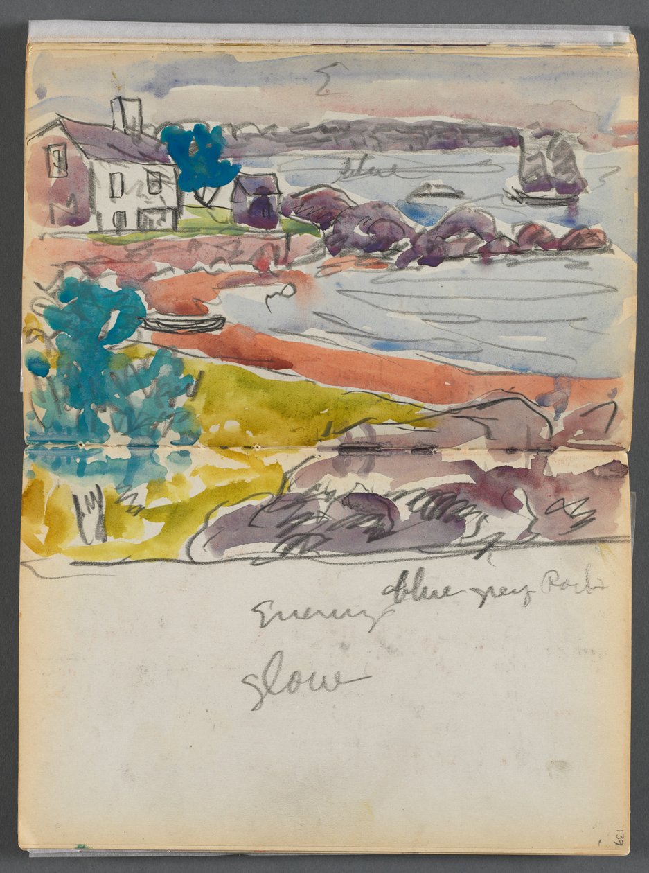 Sketchbook- The Granite Shore Hotel, Rockport, páginas 138 e 139: "Evening Glow" (Brilho da noite) de Maurice Prendergast