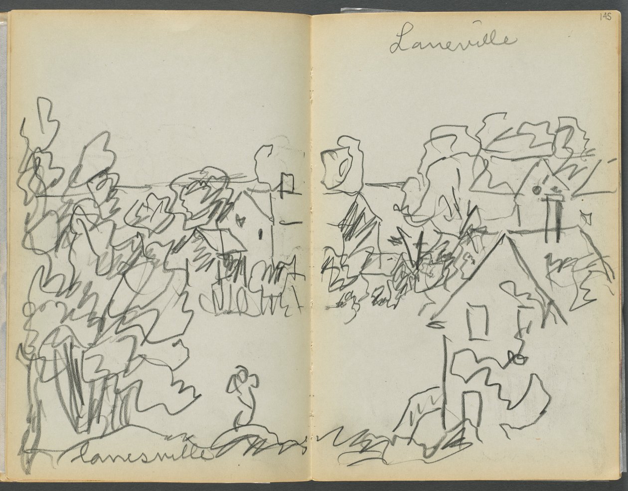Sketchbook- The Granite Shore Hotel, Rockport, páginas 144 e 145: "Lanesville" de Maurice Prendergast