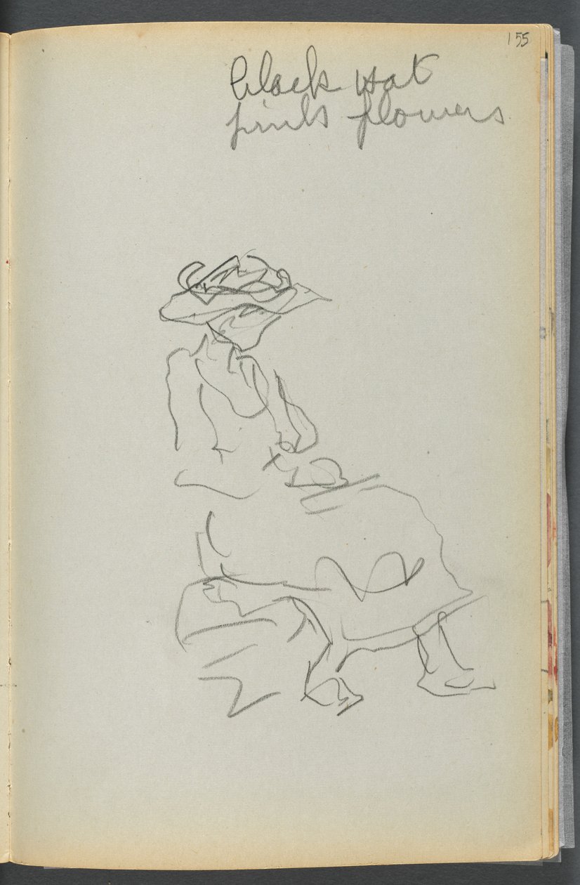 Sketchbook- The Granite Shore Hotel, Rockport, página 155: Mulher sentada com notas de Maurice Prendergast