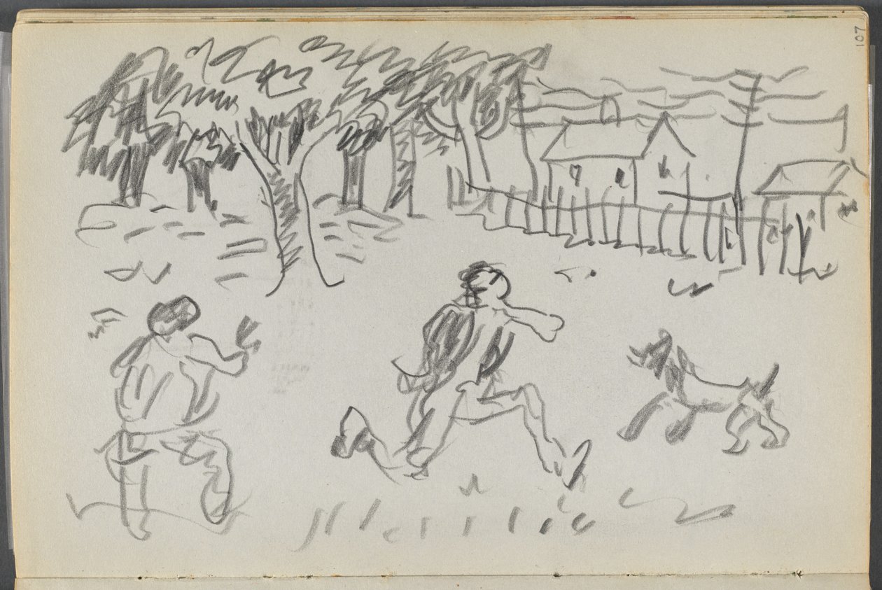 Sketchbook, The Dells, N° 127, página 107: Paisagem com figuras e cão de Maurice Prendergast