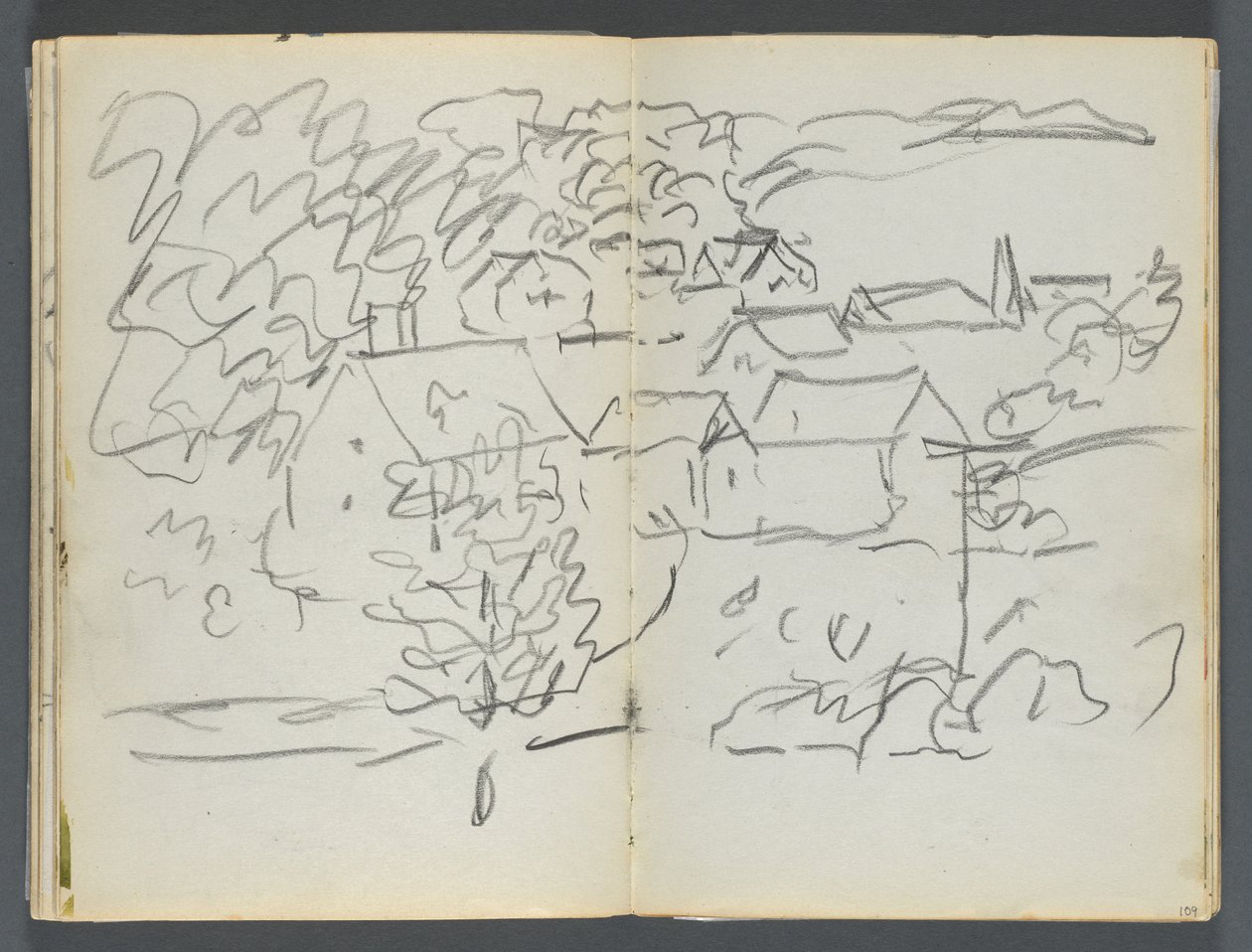 Sketchbook, The Dells, N° 127, página 108  109: Paisagem com casas de Maurice Prendergast