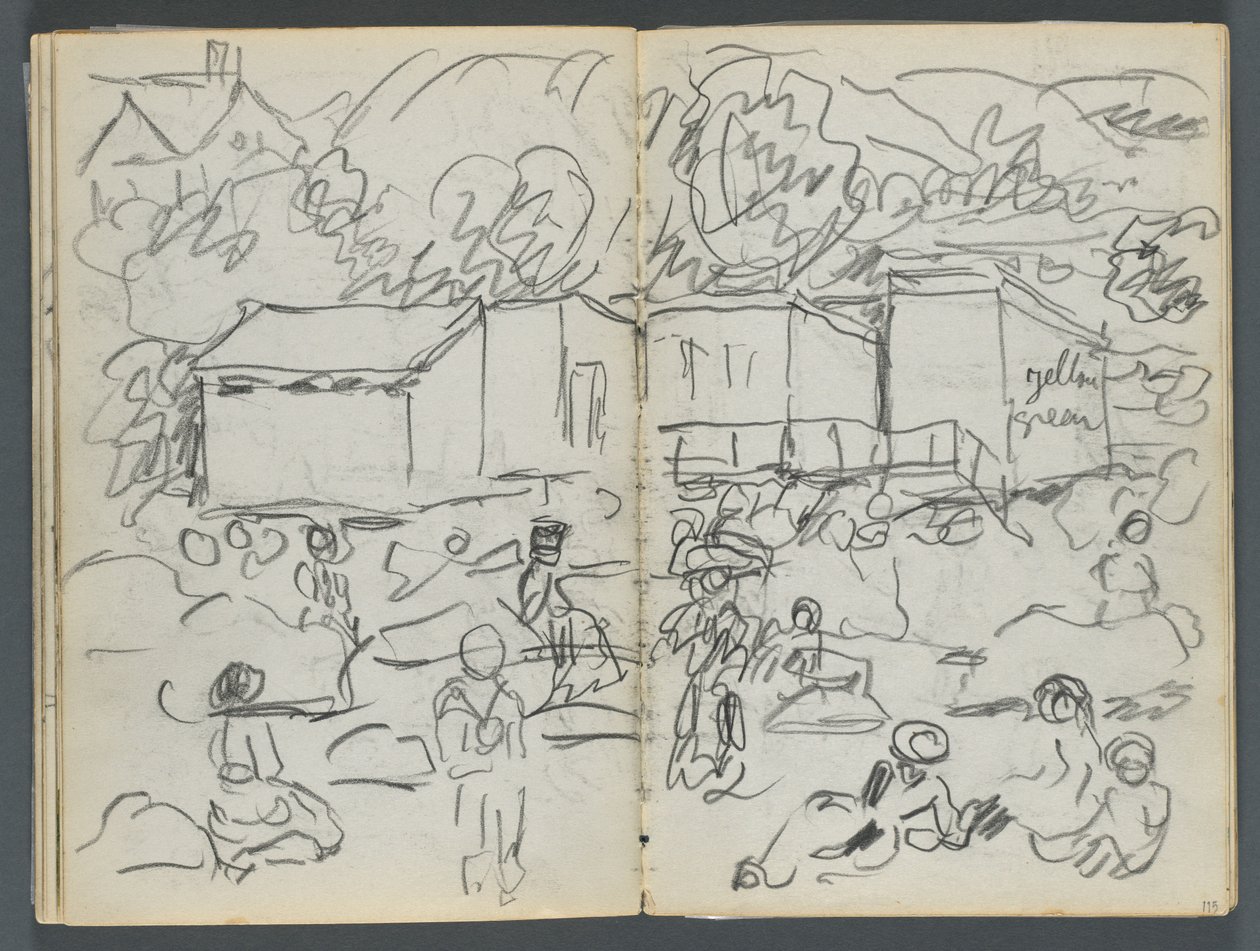 Sketchbook, The Dells, N° 127, página 114  115: Paisagem com figuras e edifícios de Maurice Prendergast