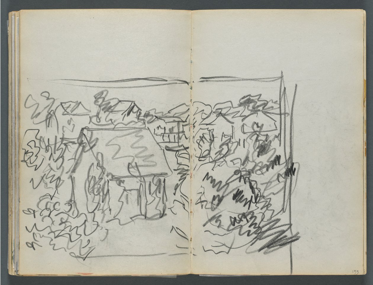 Sketchbook, The Dells, N° 127, página 154 e 155: Paisagem com casas de Maurice Prendergast