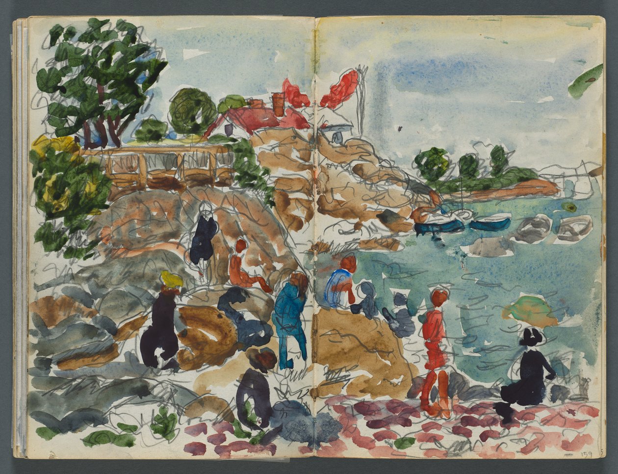 Caderno de esboços, The Dells, n.º 127, páginas 158 e 159: Paisagem costeira com figuras de Maurice Prendergast