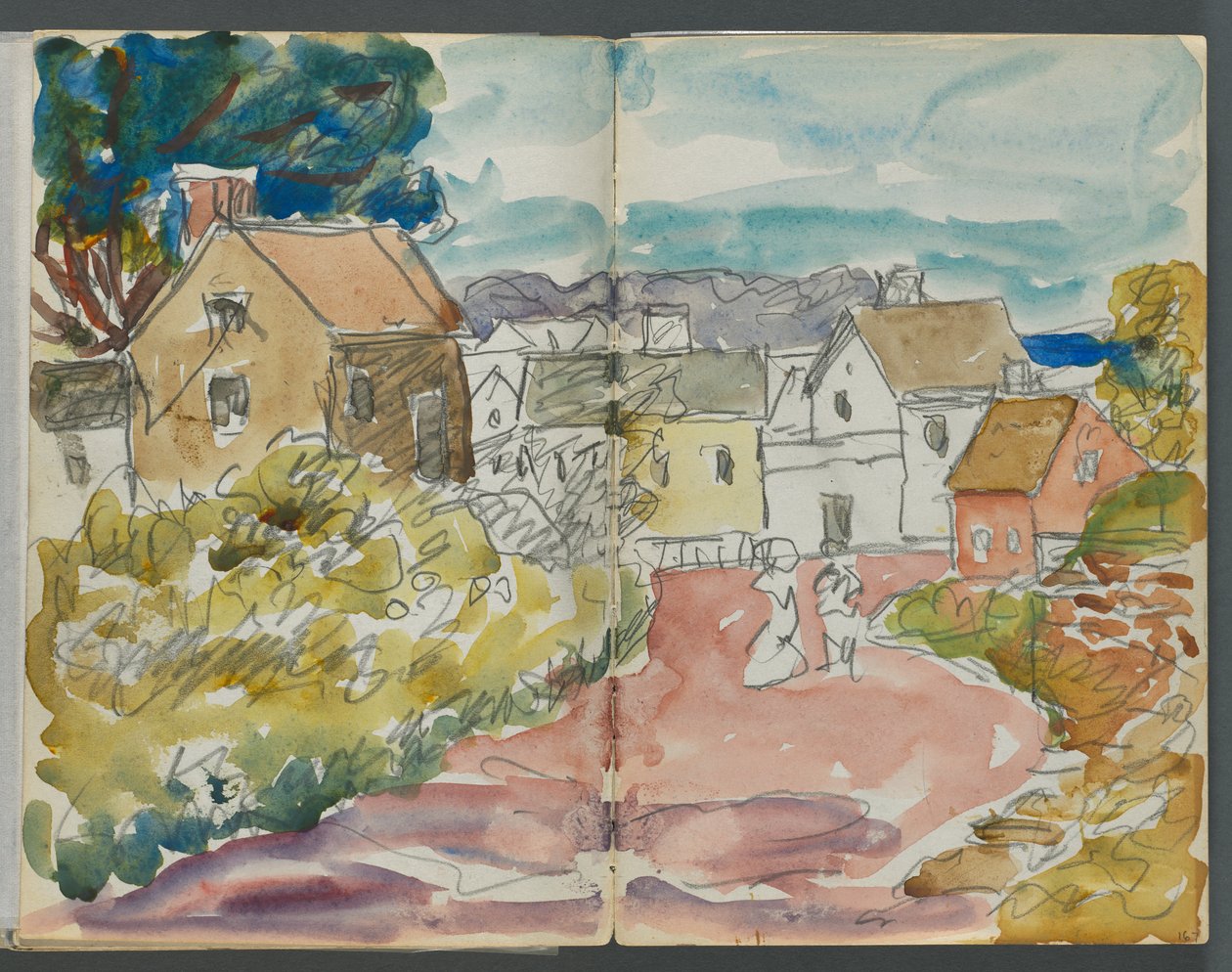 Caderno de esboços, The Dells, n.º 127, páginas 166 e 167: Aldeia com casas e estrada de Maurice Prendergast