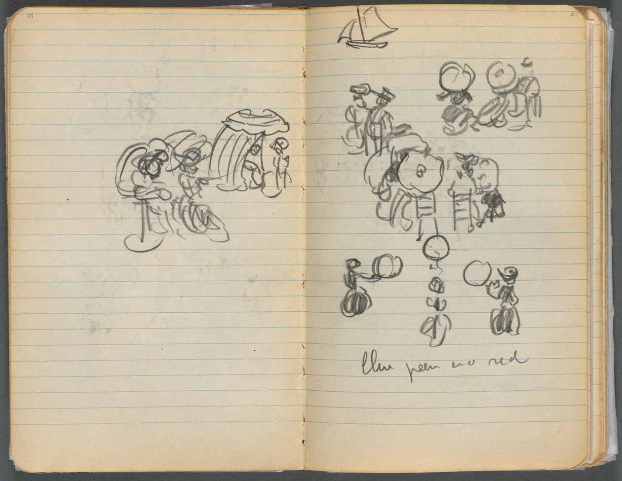 Sketchbook, página 110 111: Estudo para figuras numa praia de Maurice Prendergast