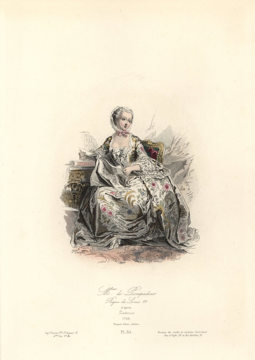Jeanne-Antoinette Poisson, Madame de Pompadour (1721-1764) foi a amante principal do Rei Luís XV. Gravura em metal aço colorida à mão por Polidor Pauquet após Maurice Quentin de La Tour (1748-55) de "Modes et Costumes Historique" (Modos e Trajes Históricos de Maurice Quentin de la (after) Tour