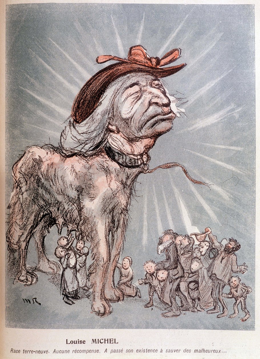 Desenho animado de Louise Michel como um cão "criar Newfoundland (Terra Nova), sem recompensa, passou a sua existência a salvar os infelizes". de Maurice Radiguet